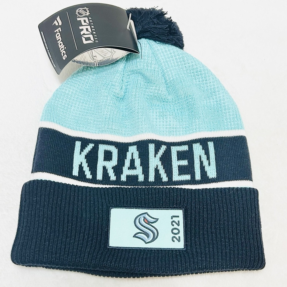 Fanatics Seattle Kraken 2021 Beanie Hat Cap Knit Cuffed Pom Pom Blue‎ NHL Hockey